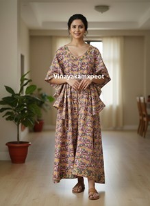 Elegante Caftán de Algodón con Estampado Floral Hecho a Mano para Mujer, Cuello en V, Cintura Alta, Mangas de Kimono Fluidas, Transpirable, para Verano - Product Image 2