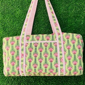 Hand Block Printed Cotton Duffel <b>Bag</b> Quilted Travel Tote Handmade Weekender <b>Overnight</b> <b>Bag</b> Women Green Large Capacity - Product Image 1