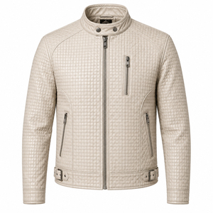 Men's Quilted PU Leather Moto <b>Jacket</b> Stand Collar Zipper Closure Slim Fit Regular Length Autumn Style Solid Color - Product Image 1