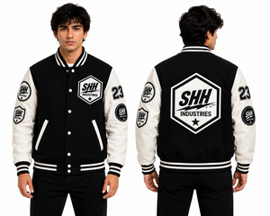 แจ็คเก็ต Letterman Varsity สีดำแบบกำหนดเอง พร้อมปักโลโก้ หมายเลข 23 แขนเสื้อตัดสี กระดุมแป๊กด้านหน้า สไตล์เรโทร โดย SHH - Product Image 5