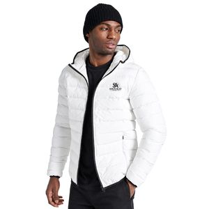 Blouson matelassé blanc pour homme avec capuche, veste d'hiver chaude décontractée à fermeture éclair sur le devant - Product Image 1