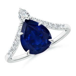 14K Pure <b>Gold</b> Prong <b>Set</b> 8x6MM 1.40Ctw Natural Blue Sapphire Gemstone Chevron <b>Ring</b> With 0.19Ct Pave Diamond Handmade Wedding <b>Ring</b> - Product Image 1