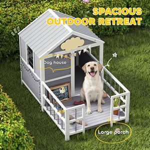 Cuccia per Cani Rettangolare in Legno 61"L con Veranda, Tetto Impermeabile, Base Rialzata, Prese d'Aria e Finestre di Osservazione - Product Image 4