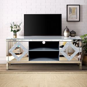 Mobile TV con Vano Portaoggetti Aperto per TV da 65+ Pollici, Tavolo Console Argento con 2 Armadietti, Finitura a Specchio a Forma di Diamante - Product Image 5