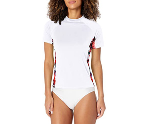 Camisetas deportivas de alta calidad para mujer, diseño de panel de contraste impreso por sublimación, estilos personalizados de protección contra sarpullido - Product Image 1