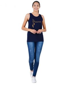 Débardeur bleu marine pour femme, imprimé motif Dreamer, col rond, style bohème, sans manches, en coton, longueur normale - Product Image 2