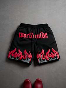 Pantalones Cortos Casuales de Verano para Hombre con Estampado Gráfico de Llama y Letras, Cintura Elástica, Shorts de Playa Negros de Poliéster con Logotipo Frontal - Product Image 2