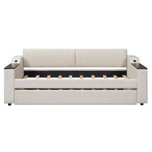 Divano letto beige a una piazza e mezza con braccioli contenitori e letto estraibile, design imbottito e porta USB (Vecchio SKU GX000547AAA) - Product Image 5
