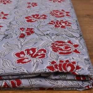 Handmade Grey Cotton <b>Fabric</b> Red Flower Leaf Vine Block Print Pattern for Kurtis Dresses Craft Furnishing - Product Image 4