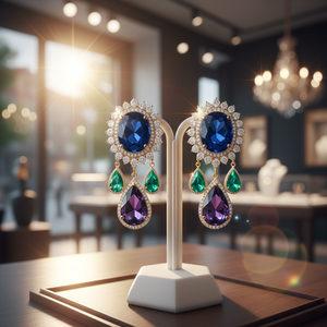Pendientes de Novia Hechos a Mano en Plata de Ley 925 con Baño de Oro, con Hidroalbastrina Azul y Circonita Cúbica Verde, Joyería para Fiestas - Product Image 1