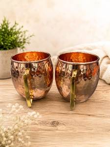 Set of two Copper <b>Mugs</b> With Hammered Texture And Brass Handle Vintage Style Home Drinkware Eco-Friendly - Product Image 1