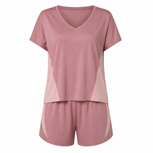 Conjunto de Dos Piezas para Mujer, Color Rosa Empolvado, con Logotipo Personalizado, Top con Cuello en V y Pantalones Cortos, Ropa Deportiva Informal y Transpirable para Verano - Product Image 3