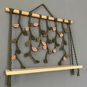 Artistic Green Leaf Pattern Macrame Wall Hanging Shelf With Wooden Base Suitable For Home <b>Decor</b> And Gifting Purpose From India - Product Image 5