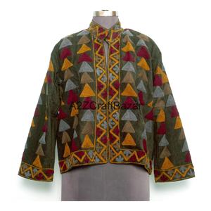 Chaqueta Acolchada 100% Cotrise con Bordado Floral, Cuello Mandarín, Botones, Forro a Rayas, Hecha a Mano, Ecológica, para Invierno y Verano - Product Image 1