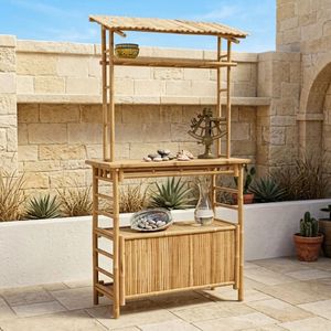Table d'extérieur artisanale en bambou avec rangement et toit – Mobilier de bar tropical en gros pour jardins, patios, complexes hôteliers - Product Image 1