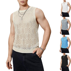 <b>Men's</b> Knitted Sleeveless Tank Top O-Neck Hollow Out Geometric Pattern Casual Breathable <b>Vest</b> Summer Wear - Product Image 1