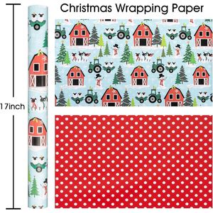 Rollo de Papel de Regalo Navideño Reversible Azul con Diseño de Ovejas, Muñecos de Nieve y Árboles de Navidad Rojos con Copos de Nieve, Tema de Granja - Product Image 1