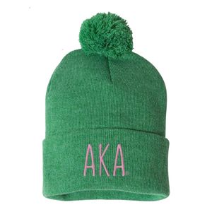 Gorro de Invierno de Punto Verde AKA Mod Pom Pom con Bordado Rosa, Gorro Suave y Cálido con Puño para Mujer, Estilo Sororidad Griega - Product Image 1