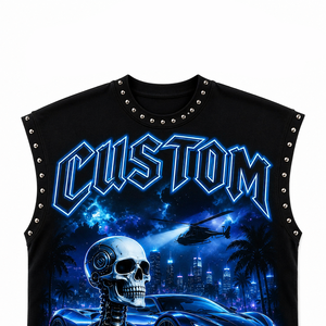 SHH INDUSTRIES Débardeur surdimensionné personnalisé sans manches 100% Coton Lavé Écologique Imprimé Crâne et Voiture Streetwear Riveté - Product Image 3