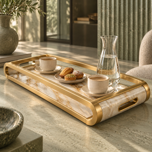 Bandeja de Servir de Hierro de Diseño |   Bandeja Rectangular con Efecto Mármol Blanco Dorado, con Asas Elevadas, para Mesa de Comedor, Decoración del Hogar - Product Image 2