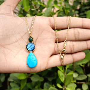 Wholesale brass necklace mohave emerald copper turquoise labradorite turquoise pendant 18k gold plated bezel set chain necklace - Product Image 4