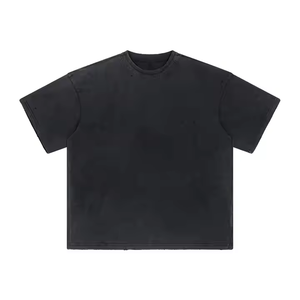 เสื้อยืดโอเวอร์ไซส์ผู้ชาย สีดำ ผ้าคอตตอนเจอร์ซีย์ ทรงหลวม สไตล์ลำลอง คอโอ แขนสั้น สีพื้น ย้อมสีเรียบ แบบถัก - Product Image 1