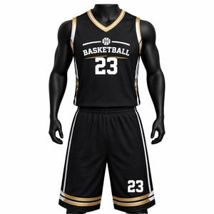 Ensemble personnalisé de maillot et short de basketball pour adultes en polyester noir et or, respirant, séchage rapide, vente en gros OEM - Product Image 1