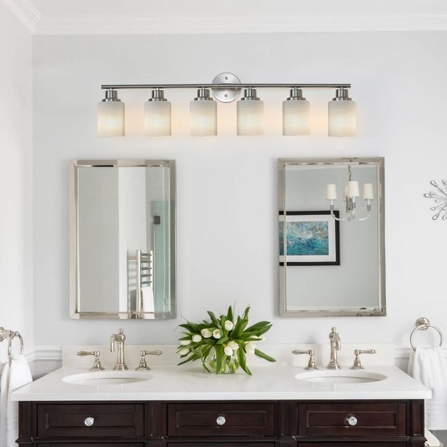 6-Light Modern Vanity Wall Sconce 39\" Brushed Nickel Finish Frosted Glass Shades for Bathroom Hallway Lighting No Bulbs Needed