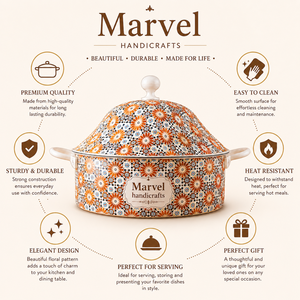 <b>Marvel</b> Handicrafts Floral Enamel Casserole Serving Pot with Lid Orange <b>Print</b> Side Handles Premium Kitchen Dining Serveware Gift - Product Image 5