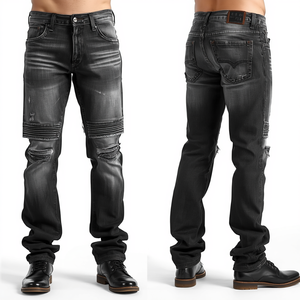 Pantalon en jean noir délavé pour homme moderne, avec construction en coton lourd de qualité supérieure et détails de style usés - Product Image 1