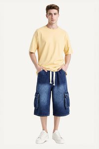 Pantalones Cortos de Mezclilla para Hombre, Estilo Bermuda, Cintura Media, con Cordón, Color Sólido, Corte Holgado Informal, con Bolsillos, Transpirables, de Algodón Tejido - Product Image 2