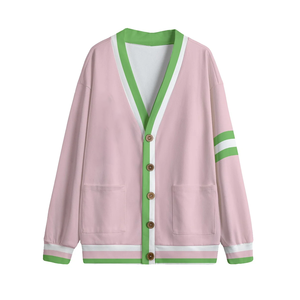 Cárdigan de punto de lana con cuello en V, color rosa salmón y verde manzana, para invierno, informal, con botones frontales y detalles de rayas, estilo hermandad. - Product Image 1