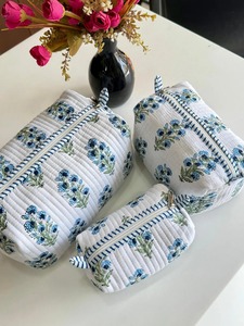 Classic Blue Floral Cotton Cosmetic Bag Set with Zipper Closure Portable Makeup Pouches for Travel Personal Care <b>Storage</b> - Product Image 1