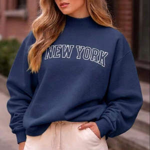 Womens Mock Neck Sweatshirt Slouchy Drop Shoulder Navy Blue New York Graphic Pullover Fleece - Product Image 1