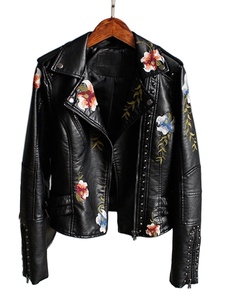 Floral Print Embroidery Faux Soft Leather Jacket Women Pu Motorcycle Coat Female Black Punk Zipper Rivet Outerwear - Product Image 3