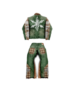 Conjunto de Chaqueta Vaquera y Jeans Acampanados Personalizados 2026 para Hombre, Estilo Urbano Vintage con Parches y Estampado, Cintura Media, Corte Regular, Bordado de Invierno - Product Image 2