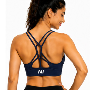 Women Seamless Sports Bra Crisscross Straps Scoop Neck Medium Support Breathable Fitness Workout Top Solid Navy Blue Nofyan Ind - Product Image 6