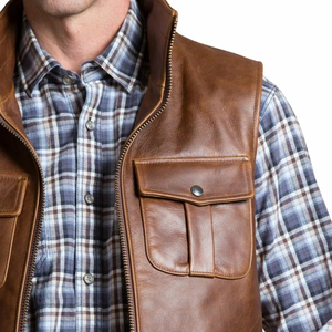 Wholesale Men's Genuine Leather <b>Vest</b> Stand Collar Zipper Closure Casual Outerwear <b>Brown</b> Pockets Regular Fit Autumn Style - Product Image 6