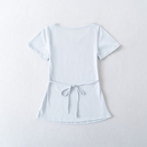 T-shirt élégant pour femme, col en V, coupe ajustée, bleu glace, en mélange de coton doux et respirant, manches courtes, décontracté, basique, été, HD - Product Image 2