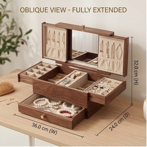 Wood Jewelry <b>Box</b> With 2 Drawers Dustproof Storage Organizer For Necklaces <b>Earrings</b> Bracelets - Product Image 2