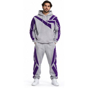 Conjunto Deportivo para Hombre, Gris Morado con Estampado Geométrico, Sudadera con Capucha y Pantalones, Ropa Casual de Manga Larga, Estilo Invernal - Product Image 1