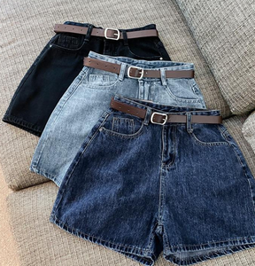 High Waist Denim Shorts Straight Leg Vintage Washed Cotton Casual Summer Shorts with Belt Solid Color - Product Image 1