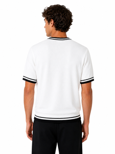 Camiseta de punto para hombre con ribete en contraste, cuello redondo, manga corta, estilo casual, corte ajustado, ligera, transpirable, mezcla de algodón, elegante, para verano - Product Image 3