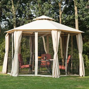 Gazebo de patio beige 13 'x 13' double toit hexagone extérieur auvent abri cadre en acier massif rideaux en filet pour jardin arrière-cour - Product Image 2