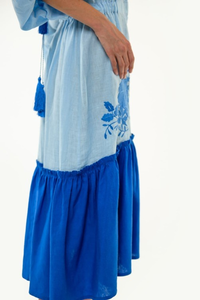 Women Cotton Embroidered <b>Boho</b> <b>Dress</b> Blue Floral V Neck Puff Sleeve Tiered Casual <b>Summer</b> Midi <b>Dress</b> - Product Image 3