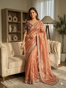 Sari en satin Fendy au design exclusif, chemisier élégant, tenue ethnique chic et tendance, dernière mode indienne, vêtement de fête modeste pour femme - Product Image 3