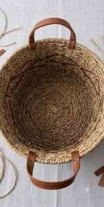 Round Woven Straw Tote Basket with Leather Handle Standing Type Rustic Single Tier Open Top Handmade Carry Basket for Daily Use - Product Image 1