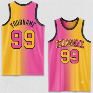 Camiseta de baloncesto sublimada personalizada, degradado amarillo y rosa, sin mangas, de spandex y algodón, transpirable, de secado rápido, corte regular, al por mayor. - Product Image 1