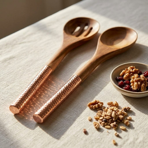 Acacia Wood Salad Server Set with Rose <b>Gold</b> Hammered Copper Handles Eco-Friendly Wooden <b>Serving</b> <b>Spoons</b> and Fork for Home - Product Image 3