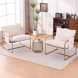 Beige <span class=keywords><strong>Set</strong></span> kotak 2 kursi, kerangka logam berlapis emas, bantal busa hancur lapisan kain, lengan gantung kantong ruang tamu - Product Image 3
